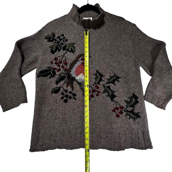 Talbots Knit Sweater Robin Bird Holly Branch Khaki Brown Collar Casual Comfy LG - Picture 10 of 12